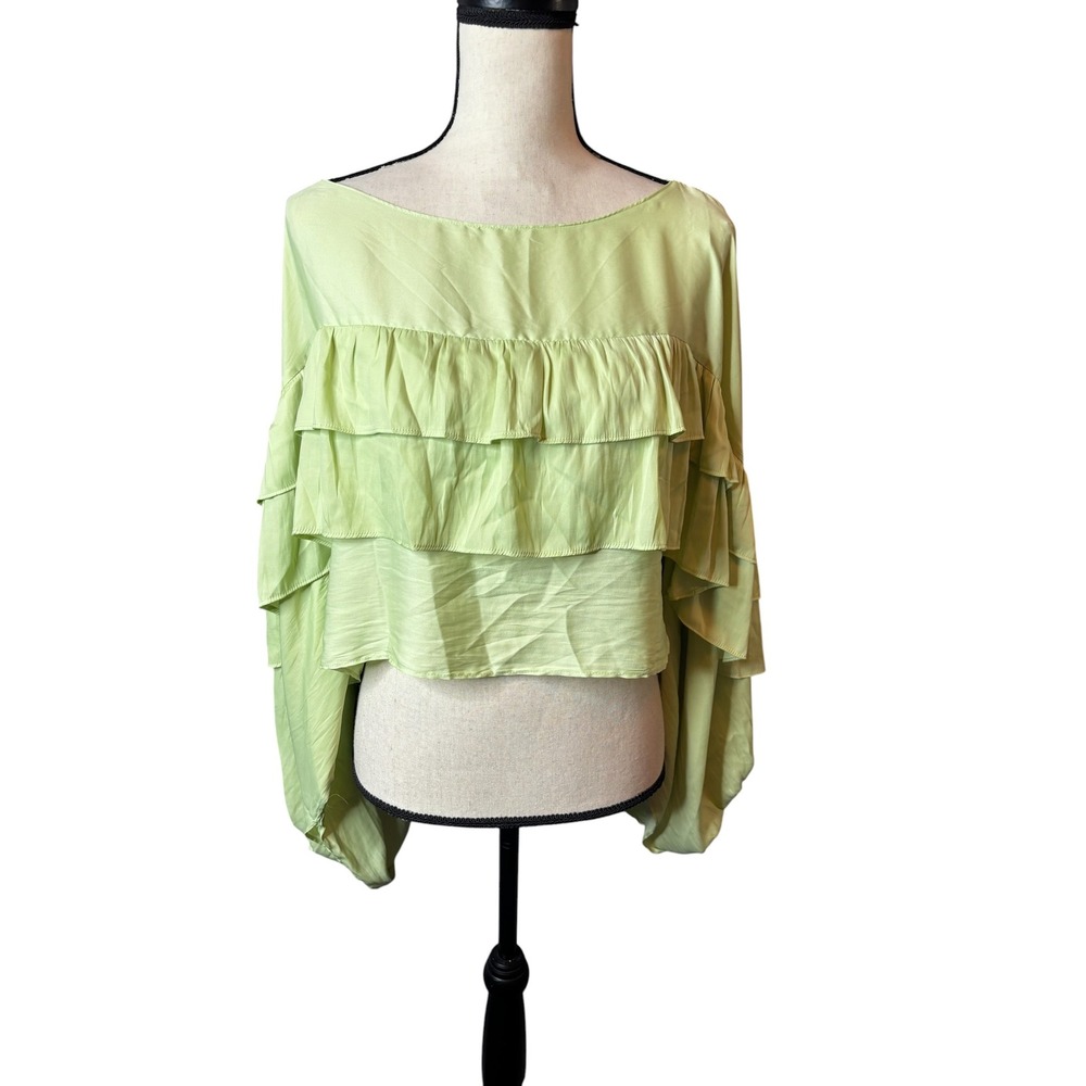 Mustard Seed Lime Green Tiered Ruffle Crop Top Long Sleeve Smocked Cuff Medium